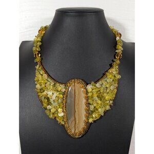 Artisan Green Stone Larve Oval Leather Back Collar Statement Necklace Boho Triba